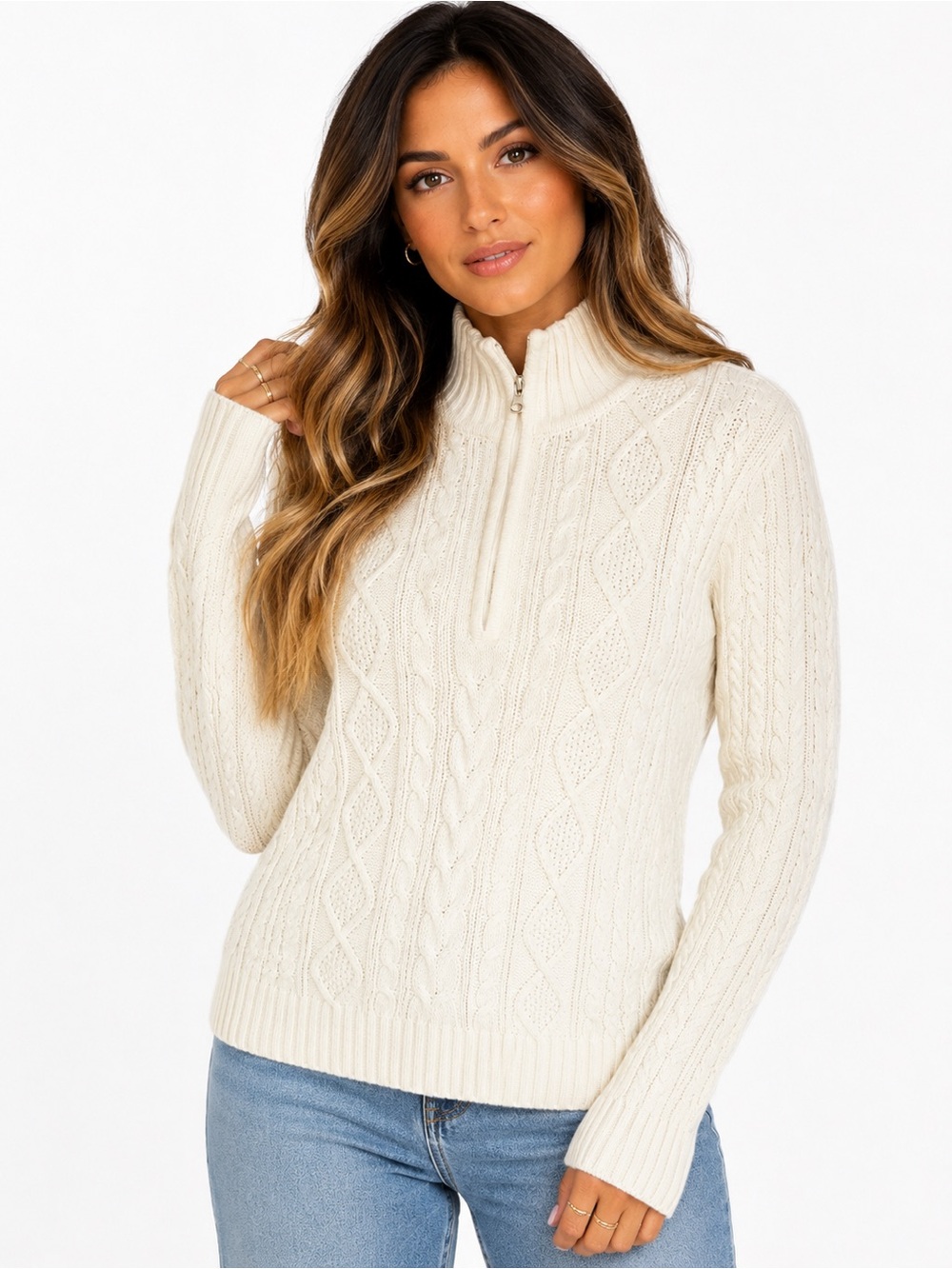Croft & Barrow Cable Knit Quarter Zip Sweater Large Ivory Cream 100% Cotton